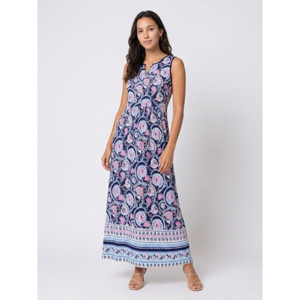 Talbots Womens Navy Blue Paisley V-Neck Sleeveless Maxi Dress Size 8